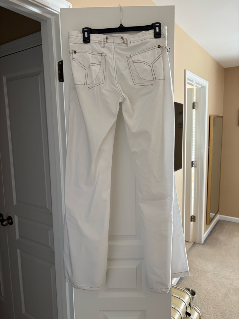 White Wide-Leg Pants with Contrast Stitching